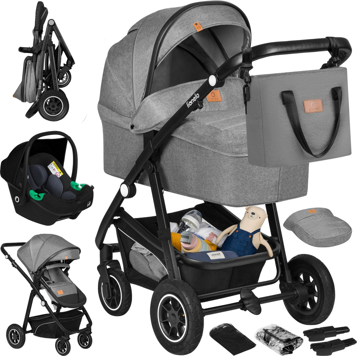 Lionelo bianka kinderwagen 3 in 1 - reiswieg + wandelwagen + autostoel - grote luchtbanden, volledige vering - inklapbaar - verstelbare duwstang - buggy omkeerbare zitting - 0-22kg - accessoireset - grijs