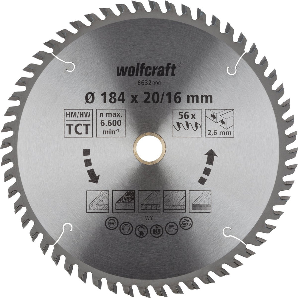 Wolfcraft - cirkelzaagblad 184 mm - 56 tanden - 20 16 mm boring - voor cirkelzaag - 6632000