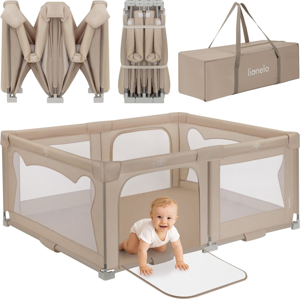 Lionelo florence easy fold - grondbox baby box – zeer snel inklapbaar – 150x180 cm – voor thuis en tuin – 0-48 maanden – veilige kinderbox – draagtas – compact na inklappen – speelbox met ademend gaas – 2 zij-ingangen met rits