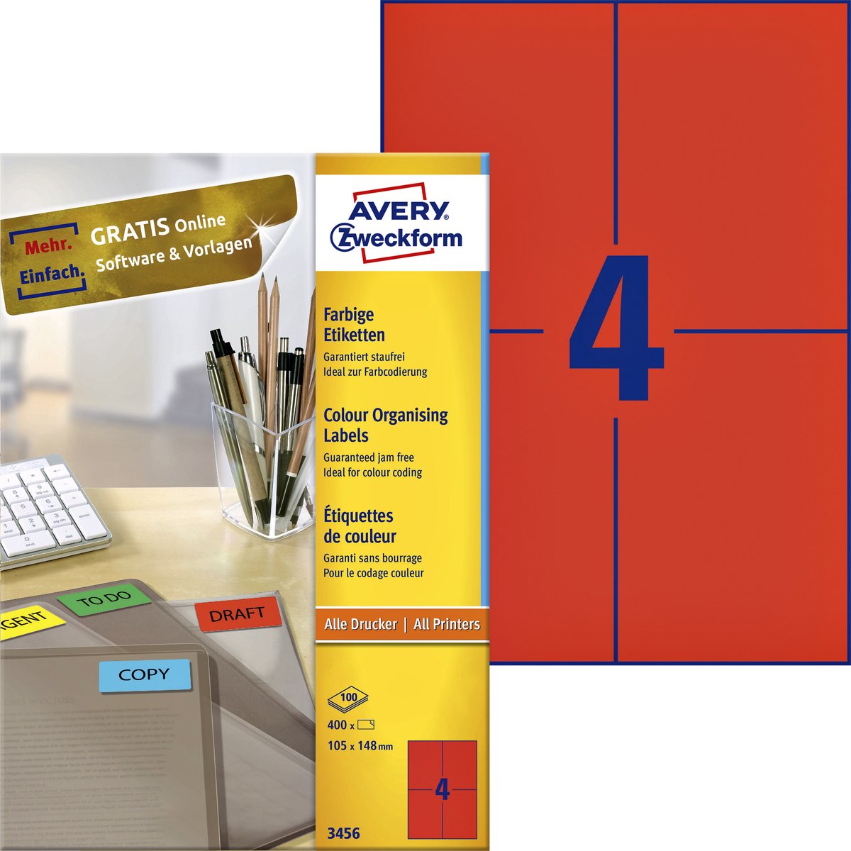 Avery gekleurde etiketten, rood, 105,0 x 148,0 mm, permanent klevend