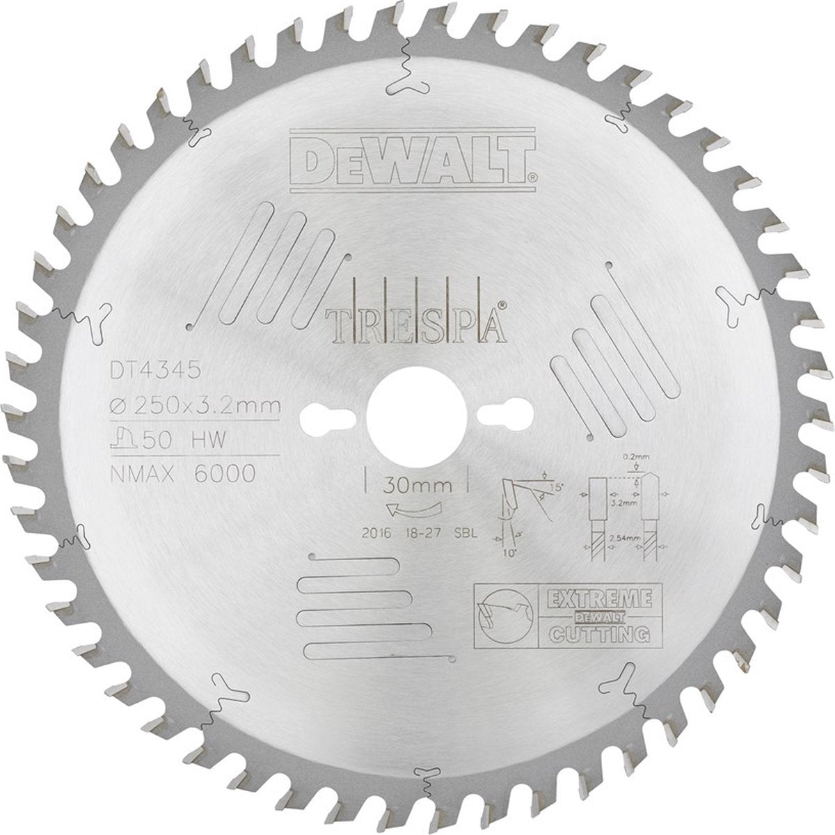 Dewalt cirkelzaagblad voor hpl | extreme | ø 250mm asgat 30mm 50t - dt4345-qz