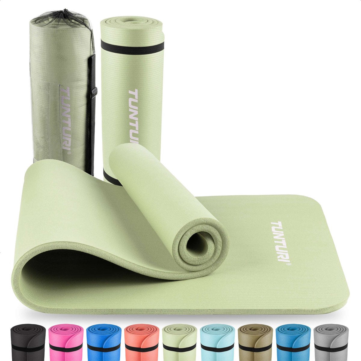 Tunturi nbr yogamat met draagtas - fitnessmat extra dik zacht - sportmat - anti slip - 180x60x1.5cm - incl trainingsapp - mint