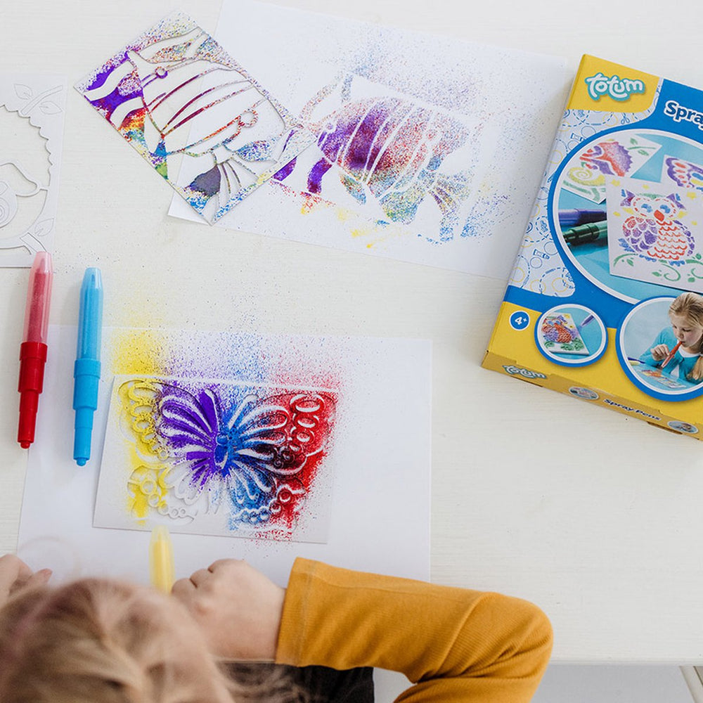 Totum spraypens 5 blaaspennen knutselset incl. unicorn en dieren sjablonen - creatief speelgoed vanaf 4 jaar - knutselen tekenen en schilderen cadeau tip