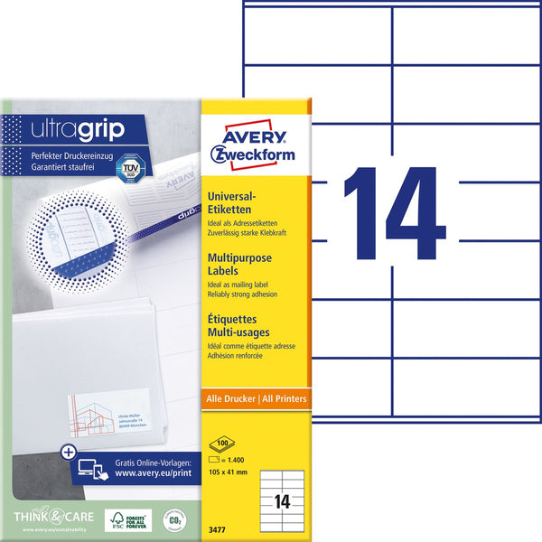Avery witte etiketten quickpeel formaat 105 x 41 mm (b x h) 1.400 stuks 14 per blad doos van 100 blad