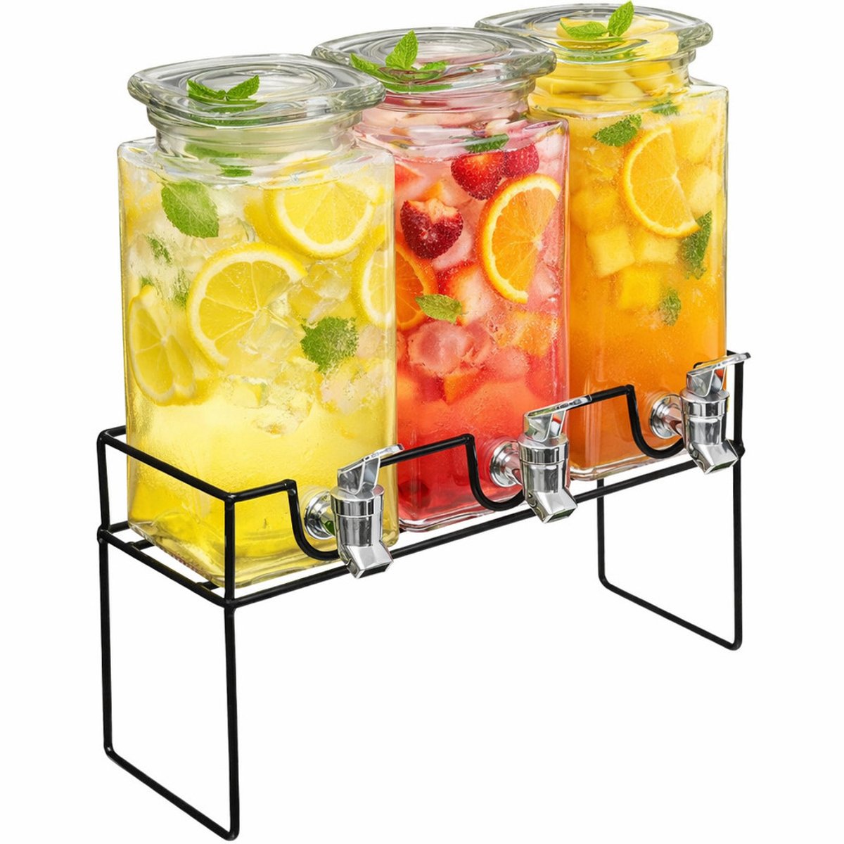 Secret de gourmet dranksdispenser limonadetap - 3x - glas - 1,5 liter - in houder - sapdispenser - drankdispenser