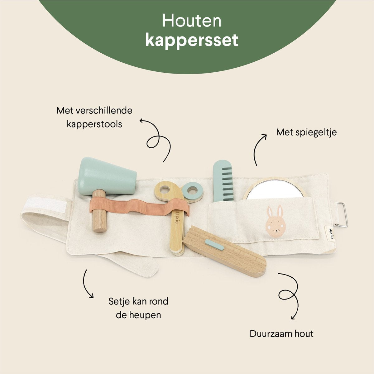 Trixie houten speelgoed - kappersset - kinderen vanaf 3 jaar - kapper set - 6 onderdelen - voor jongens en meisjes - fsc