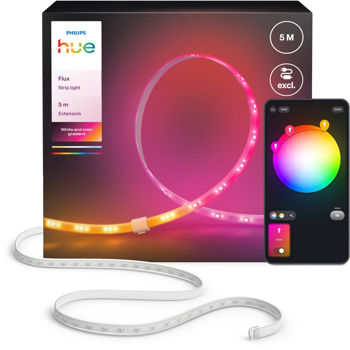 Philips hue flux led strip verlenging - 5 meter verlengstrip - eenvoudige installatie - wit en gekleurd licht - chromasync™ technologie