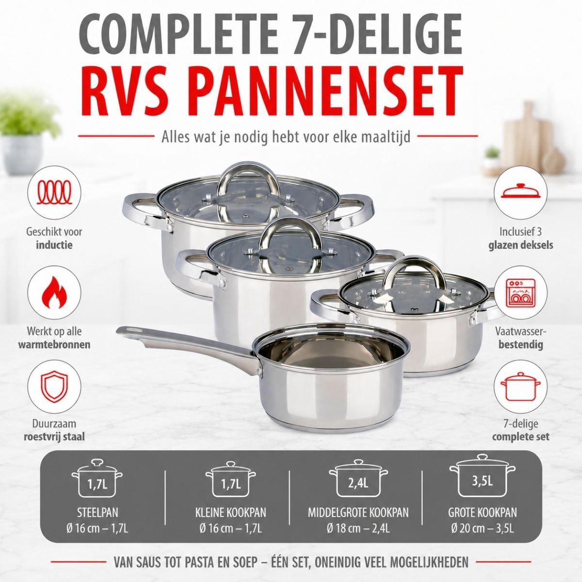 Alpina inductie pannenset 4‑delig – rvs kookpotten met glazen deksel – kookpottenset geschikt voor alle warmtebronnen – kookpotten set - potten en pannen set