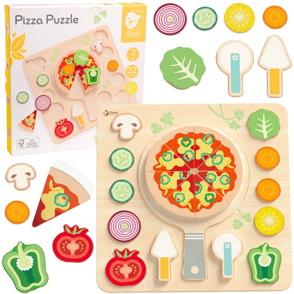 Classic world houten speelgoed vormenpuzzel pizza 22 stuks educatief.