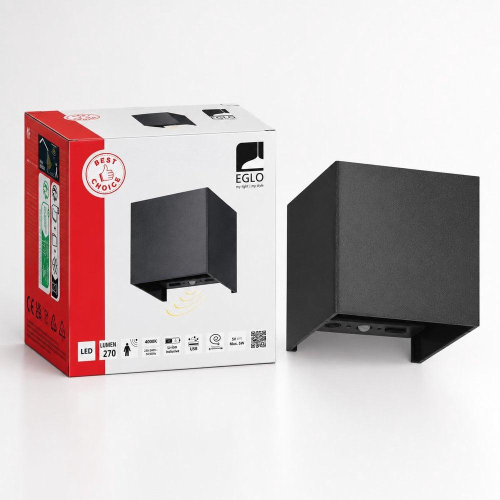 Eglo rincine wandlamp buiten - sensor - oplaadbaar (tot 72 uur licht) - 10 cm - zwart - draadloos - dimbaar