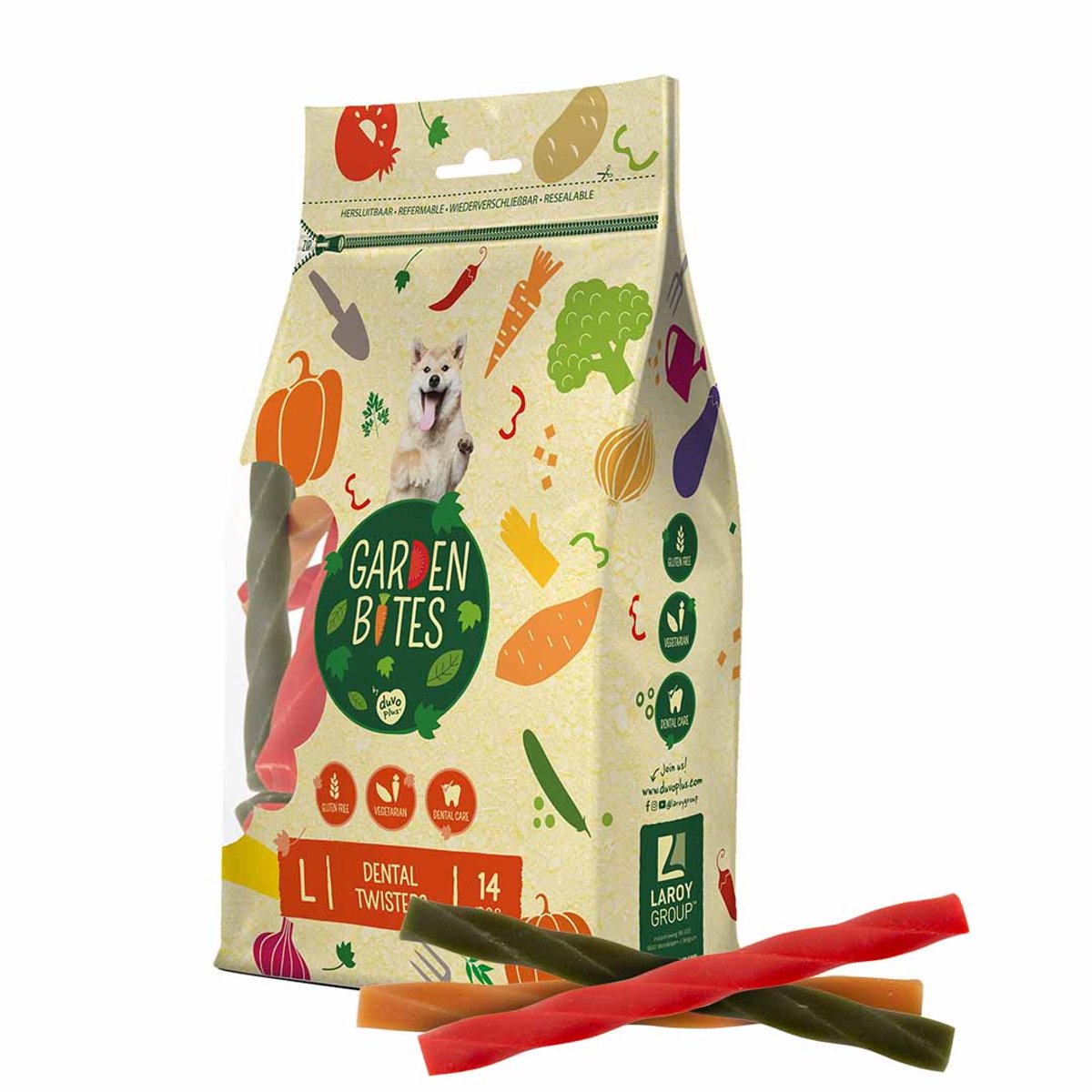 Garden bites duvoplus - dental twisters hondensnacks - hondensnoepjes - vegetarisch glutenvrij - large 14st