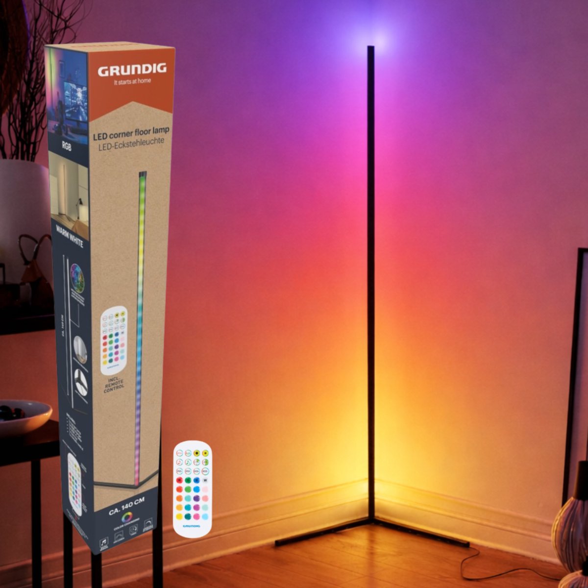 Grundig rgb led hoeklamp - hoeklamp led staand - rgb vloerlamp met muzieksensor en afstandsbediening - 140 cm - meerkleurig