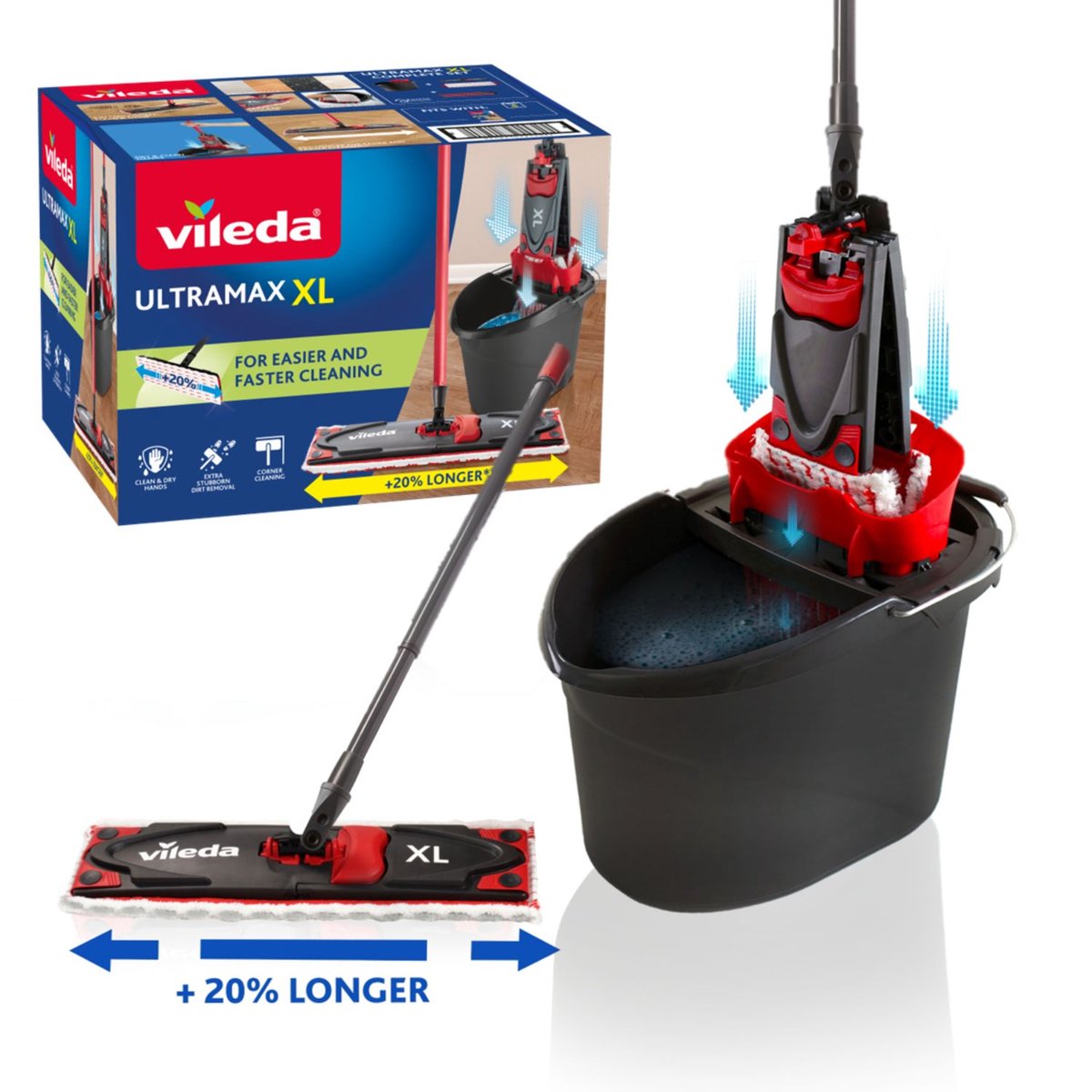 Vileda UltraMax XL Flat Mop System - Complete Floor Mop Set with Bucket and Wringer - XL Mop Set for Large Areas