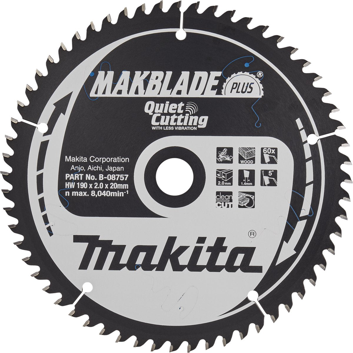 Makita afkortzaagblad voor hout | makblade-plus | ø 190mm asgat 20mm 60t - b-08757