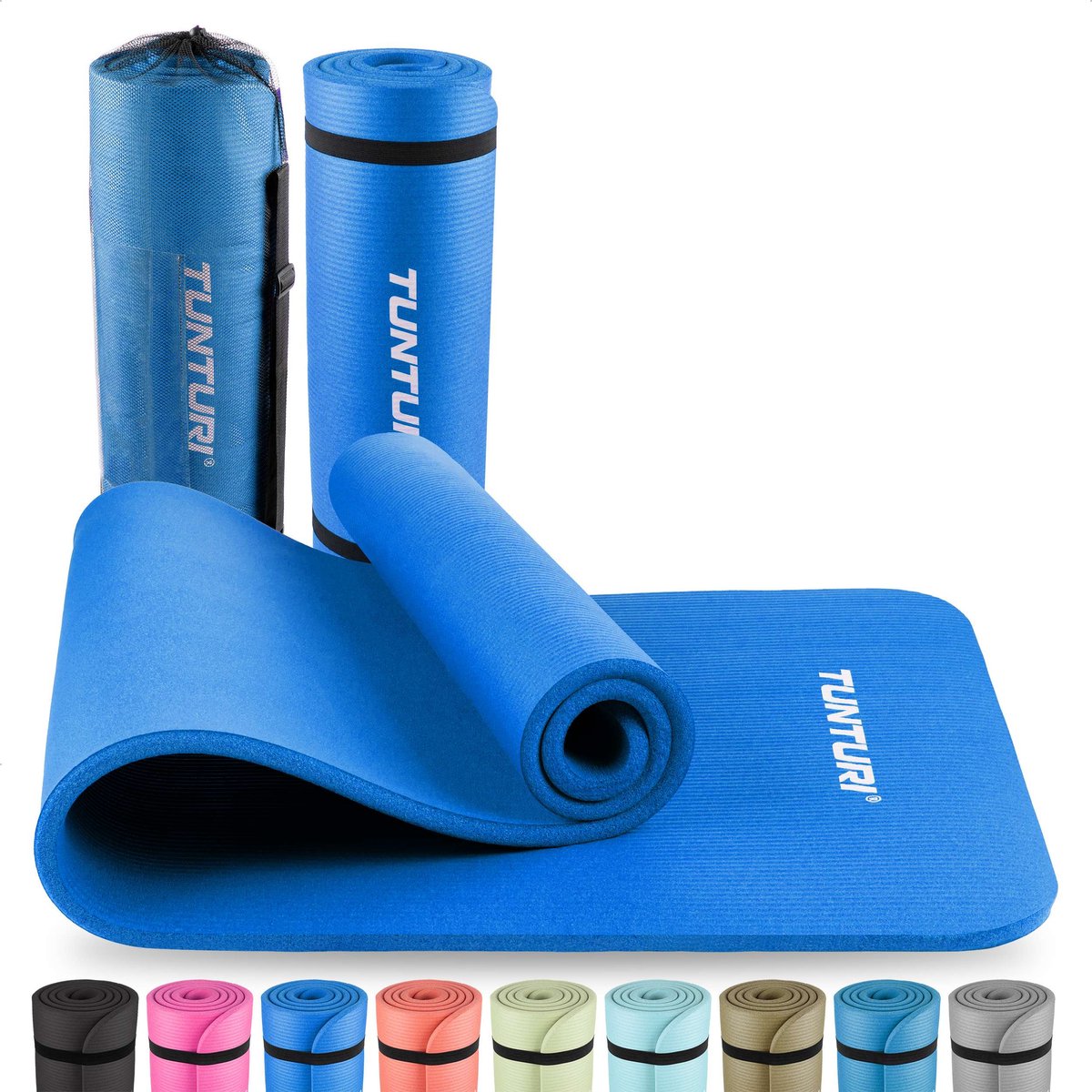 Tunturi nbr yogamat met draagtas - fitnessmat extra dik zacht - sportmat - anti slip - 180x60x1.5cm - incl trainingsapp - blauw