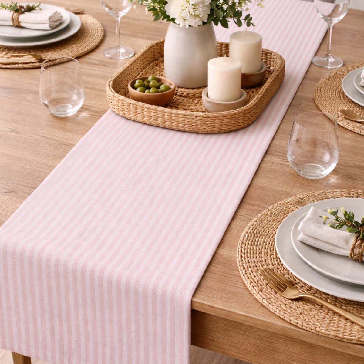 Arti casa tafelloper 35x150 cm - tafelloper roze gestreept - tafelloper voor eettafel - langwerpige tafel decoratie - roze en wit