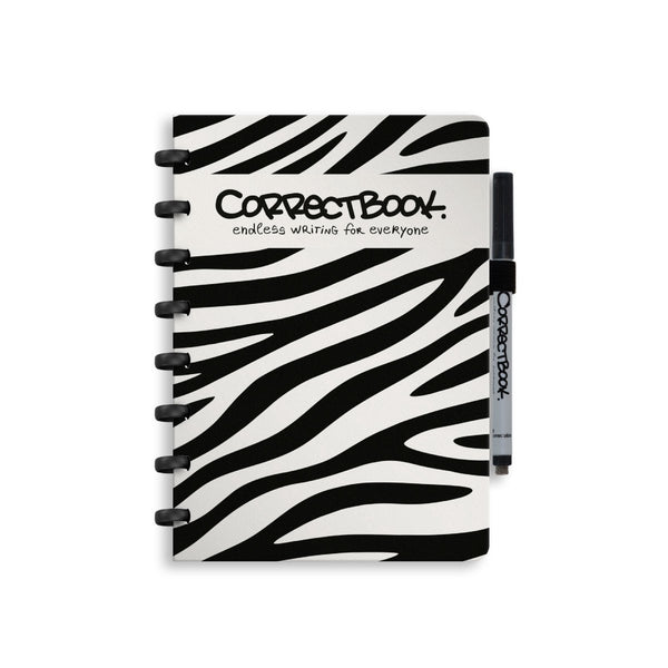 Correctbook a5 uitwisbaar notitieboek – brave zebra – blanco – herbruikbaar schrift – inclusief pen wisdoekje – aanvulbaar met extra pagina’s