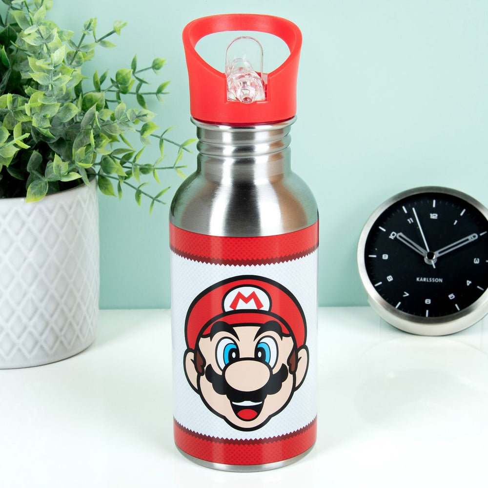 Paladone super mario metalen waterfles met rietje – officieel gelicentieerde nintendo drinkfles-