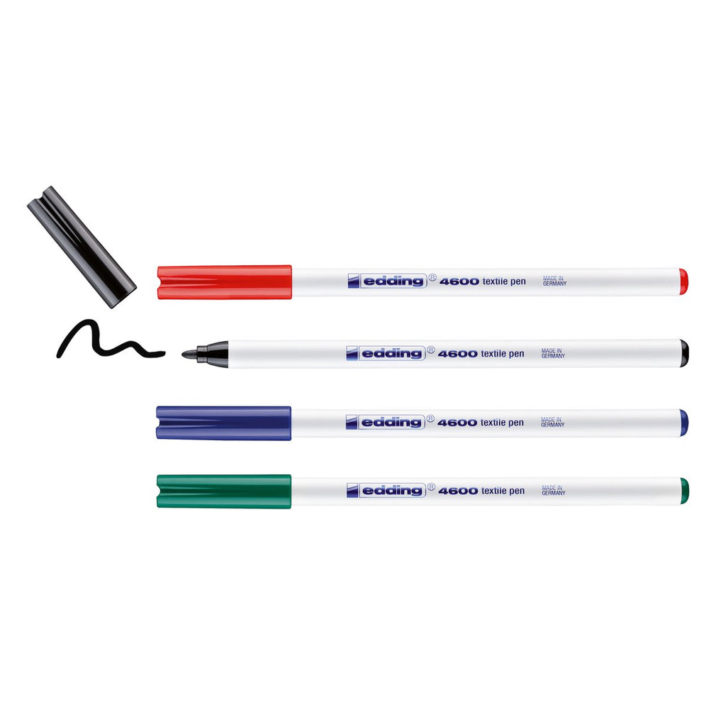 Edding 4600 textielstift - zwart, rood, blauw, groen - ronde punt 1 mm - 4 stiften - kleding versieren - textielstiften wasmachinebestendig (60°c) om op textiel te tekenen - na het strijken wasmachine bestendig