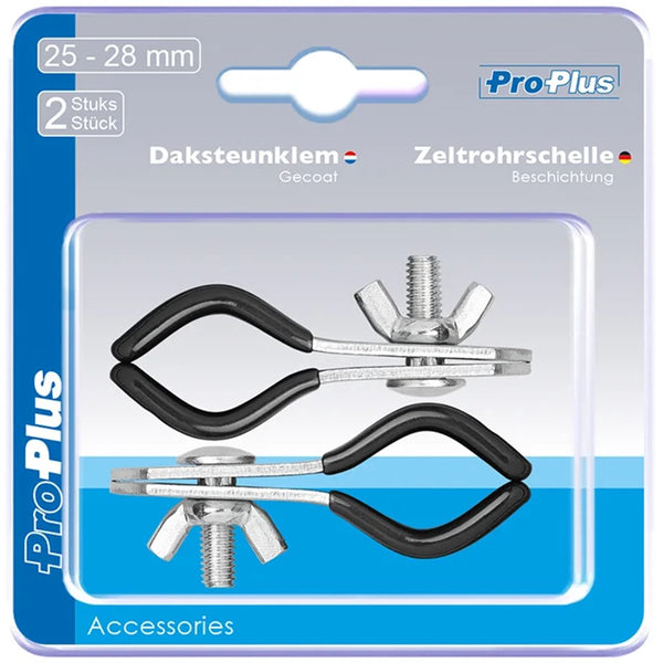Proplus set van 2 daksteunklemmen 25-28 mm – voor tentstokken en daksteunen – gecoate tentstok accessoires – zwart