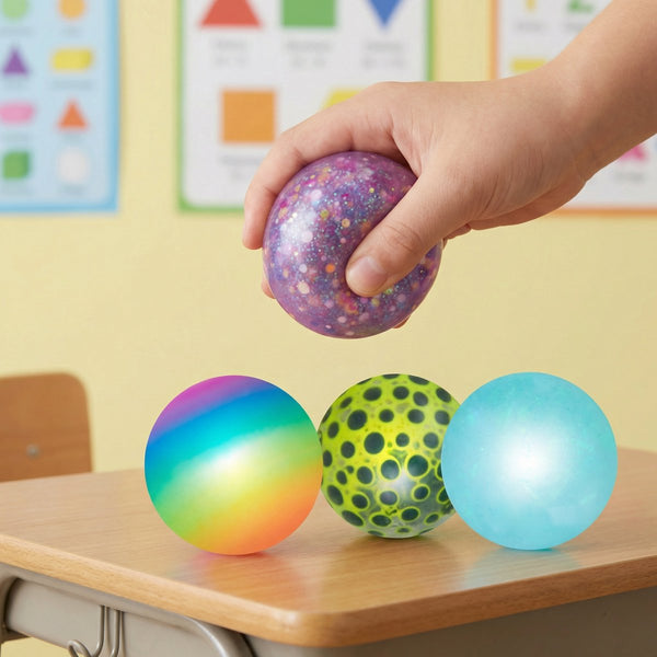Eddy toys squish ball 4 stuks - squeeze ball squeezable - knijpbal set 4 stuks - squishy bal met verschillende designs - regenboog, glitter en stippen - 5 cm