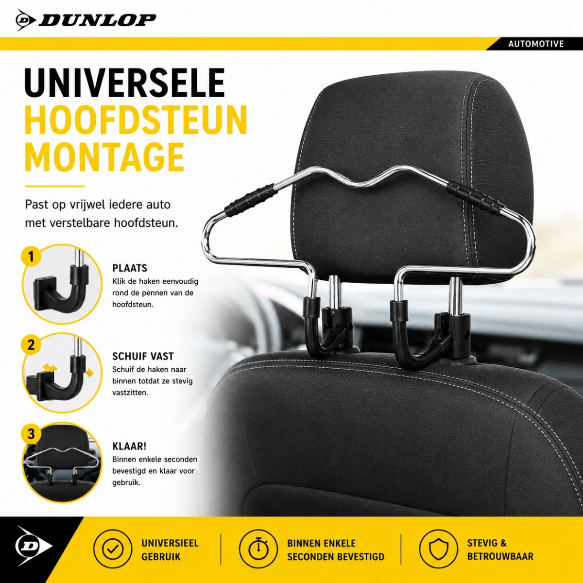Dunlop auto kledinghanger voor hoofdsteun - auto hanger hoofdsteun auto - kledinghanger van chroom - makkelijk en snel te bevestigen - 42,5 x 3 x 14,3 cm - chroom - zilver