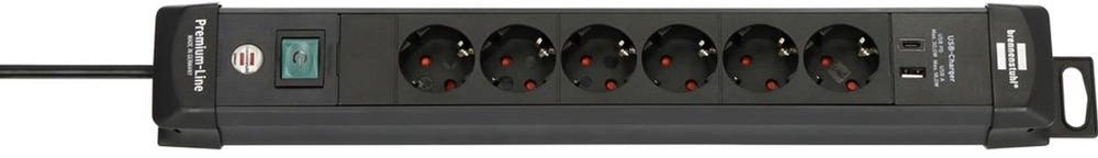 Brennenstuhl premium-line stekkerdoos 6-voudig met usb c pd 30w en usb a 18w (made in germany, stekkerblok met schakelaar en 3m kabel, voor wandmontage met ophanginrichting)