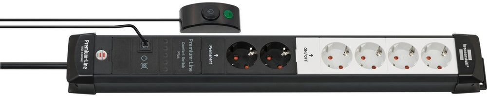 Brennenstuhl premium-line comfort switch plus stekkerdoos 6-voudig zwart lichtgrijs 3m h05vv-f 3g1,5 2 x permanente, 4 x schakelbare