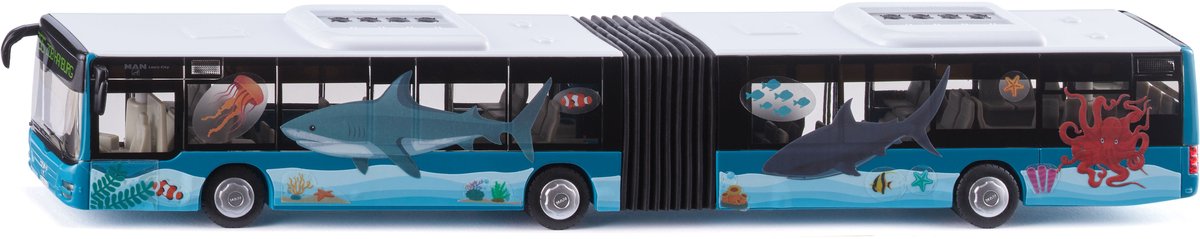 Siku 3736, man gelede bus, 1:50, incl. 2 stickervellen, metaal kunststof, turquoise, speelgoedmodel, rubberen banden, open deuren