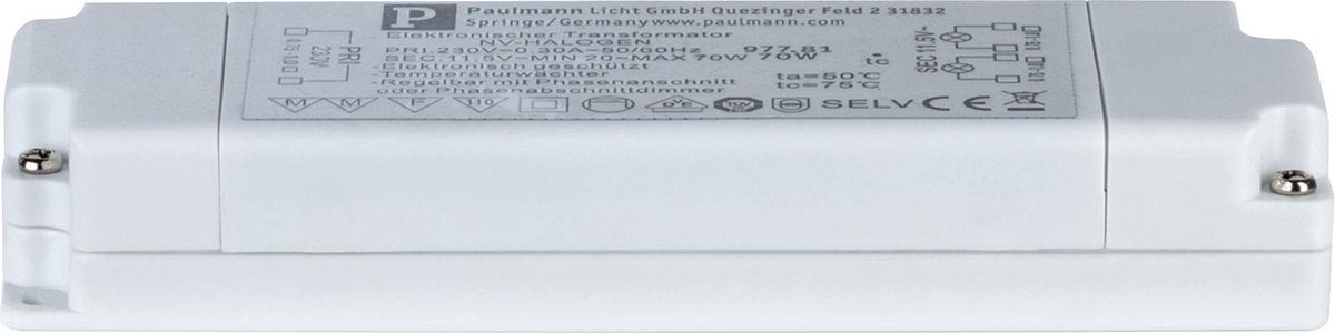 Paulmann vde elektronische trafo flat halogen ac max. 20-70w 230 12v 70va wit