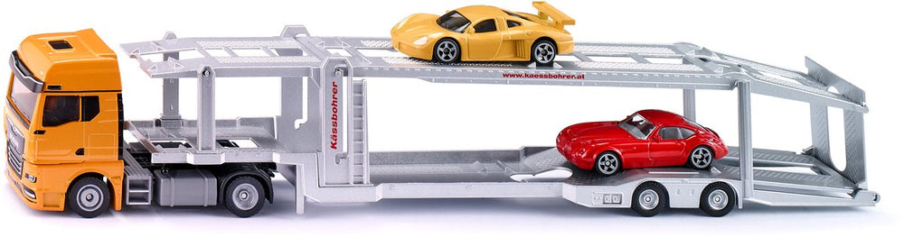 Siku 3944, man autotransporter, 1:50, incl. 2 speelgoedauto's, metaal plastic, oranje zilver, afkoppelbare trailer, verlaagbaar platform