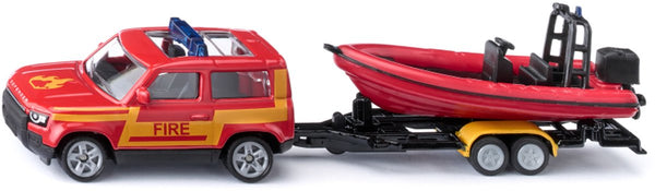 Siku 1608, land rover defender in brandweeruitvoering met boot, metaal kunststof