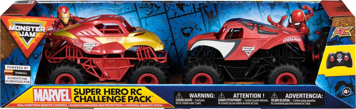 Monster jam rc marvel - iron man en amazing spider-man - 2 op afstand bestuurbare monsterjamtrucks - schaal 1:24