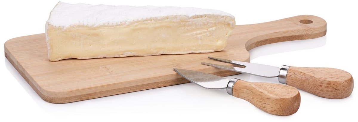 Alpina kaasplank met mesjes – 3-delige set met serveerplank en kaasmesjes – bamboe tapasplank – assorti
