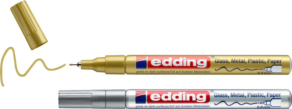 Edding 780 2 lakmarker - 2 stuks - goud, zilver - ronde punt 0,8mm - verfstift voor markeren en labelen van metaal, glass, steen of plastic - permanent, veegvast en watervast