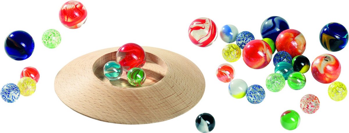 Goki knikkerspel - knikkerbord - hout met 31 knikkers - in katoenen zakje - 3 jaar