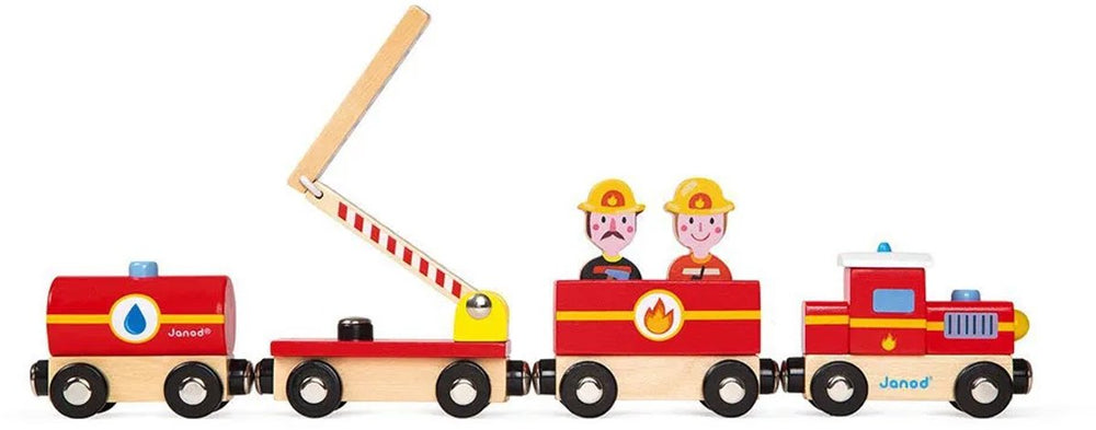 Janod story - brandweer trein - magnetische trein - 4 magnetische auto's en 2 brandweermannen - geschikt vanaf 3 jaar