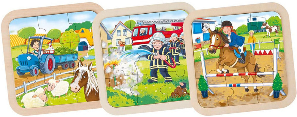 Goki houten puzzel - set van 3 - brandweer, tractor, paard - 9 stukjes