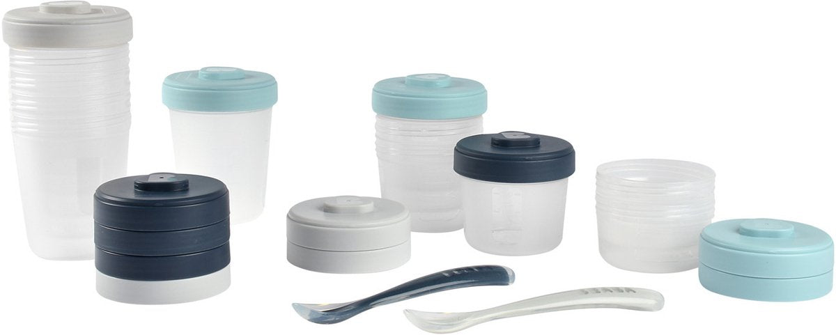Béaba - bewaarpotjes - set van 12 - 2x90ml, 4x150ml, 6x250ml + 2 siliconen lepels - hermetisch - magnetron - blauw grijs - bpa-vrij