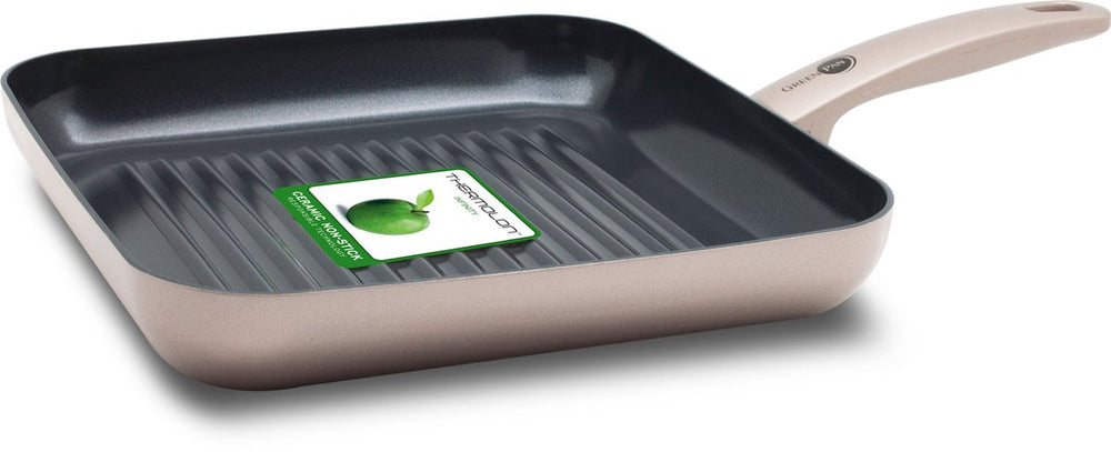 Greenpan cambridge grillpan 28x28cm – pfas-vrije antikleeflaag – grillpan inductie – keramische koekenpan - ovenbestendig tot 180°c - koudgrepen - brons