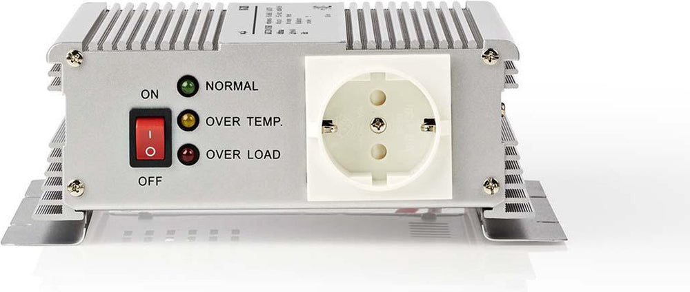 Nedis inverter gemodificeerde sinusgolf - ingangsvoltage: 24 v dc - apparaat stroomoutput: type f (cee 7 3) - 230 v ac 50 hz - 600 w - piekvermogen: 1500 w - accuklemmen - zilver