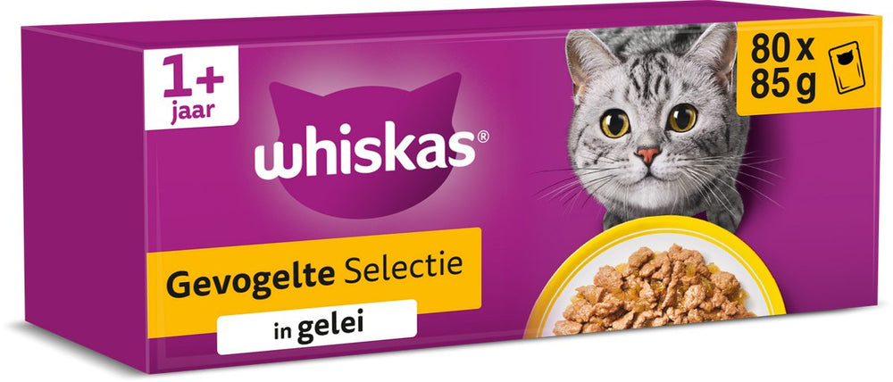 Whiskas kattenvoer - adult 1+ - gevogelte in gelei - giga-pack 80x85g