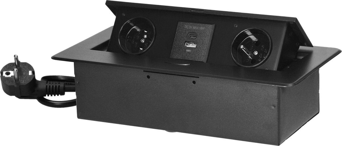 Orno bureau stekkerdoos met usb a c - pop up stekkerblok met 2 stopcontacten- inbouw verdeelstekker met rvs afwerking - verdeeldoos met 1.5 meter kabel - voor max. 3680 watt - penaarde - zwart