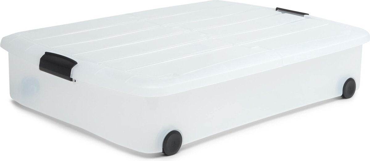 Iris clearbox opbergbox - onder-het-bed - met half te openen deksel - 50l - kunststof - transparant - met wielen