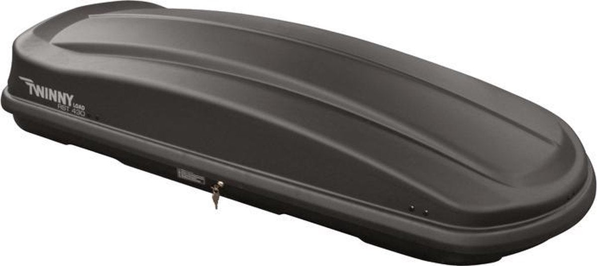 Twinny load dakkoffer rst+ 430 – inhoud 430 liter - maximaal draagvermogen 75kg – afsluitbaar centrale 2 punts vergrendeling – snelsluiting bevestiging - afmeting 190x78x38cm