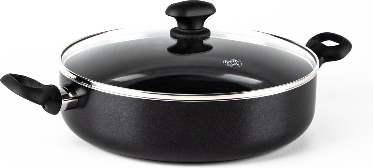 Greenchef diamond hapjespan 28cm met deksel - 4.25l - pfas-vrije antikleeflaag - hapjespan inductie - keramische pan - ovenbestendig tot 160°c - koelgreep - glazen deksel - zwart