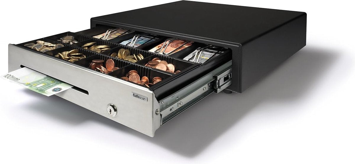 Safescan hd-4141s heavy-duty kassalade die uw geld veilig bewaart - geldlade met 4 biljetvakken en 8 muntbakjes - kassasysteem met een rj-12 verbinding - robuuste kassalade van 41 x 41.5 x 11.5 cm