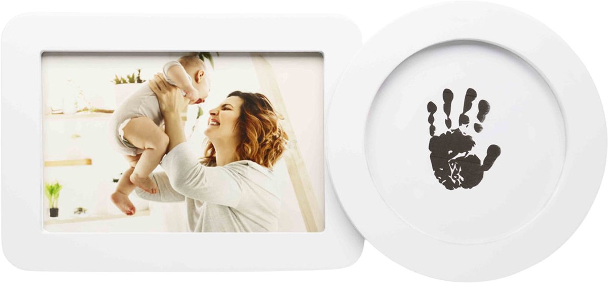 Happy hands - baby hand- voetafdruk lijst zonder inkt – inkless photo frame met foto-vak – inclusief inkless pad – veilig schoon voor pasgeborenen – wit modern design 30×13×3 cm – perfect kraamcadeau
