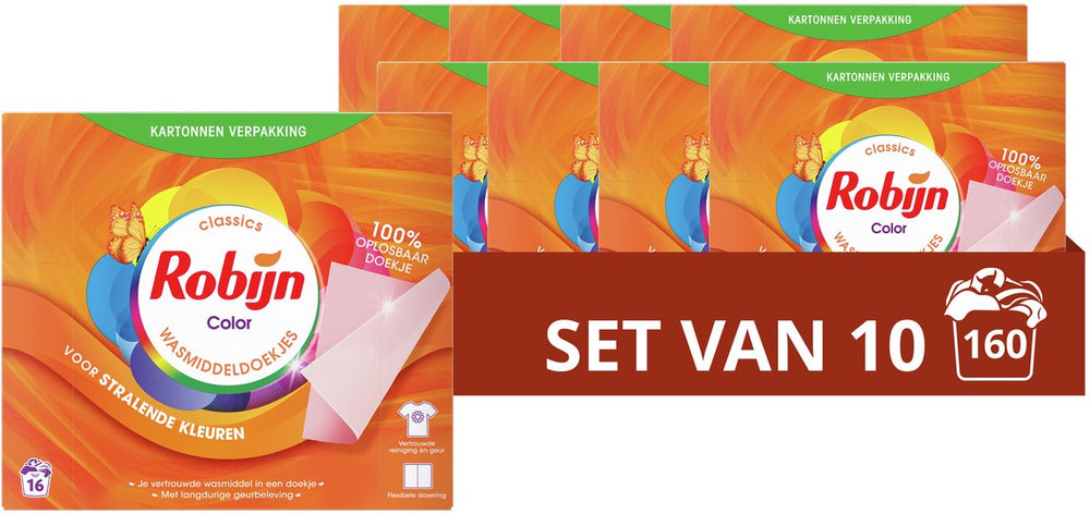 Robijn - wasmiddeldoekjes - color - 100% oplosbare doekjes in een kartonnen verpakking - 160 wasstrips