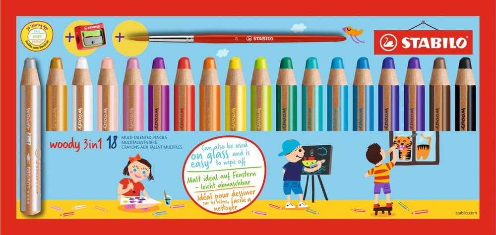 Stabilo woody 3 in 1 - multi talent kleurpotloden - etui met 18 kleuren, puntenslijper penseel